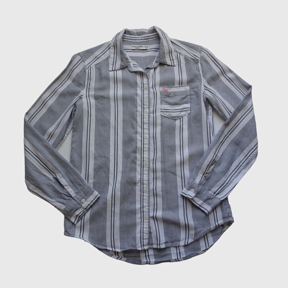 💰3/$25 ABERCROMBIE KIDs Girls Button Down Shirt Top Stripes Logo Preppy 13/14 - Picture 1 of 12